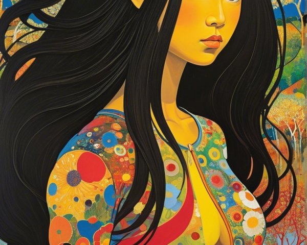 Young Woman in Colorful Dress Against Vibrant Background