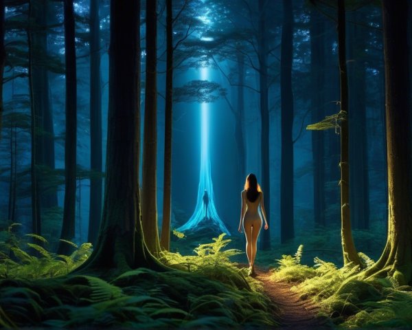 Ethereal Blue Light in a Serene Forest Scene