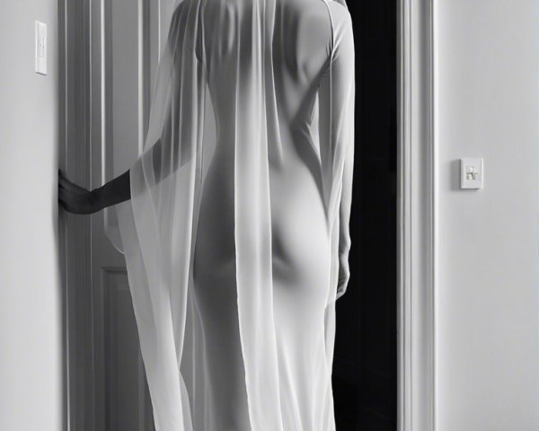 Ethereal Bridal Figure in Softly Lit Doorway
