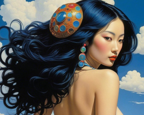 Woman with Blue Hair and Colorful Hairpiece in Clouds