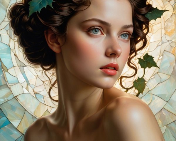 Young woman with glowing skin and ivy-adorned hair