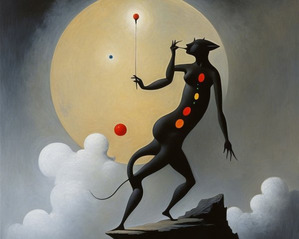 Silhouetted Figure with Colorful Orbs Under Full Moon