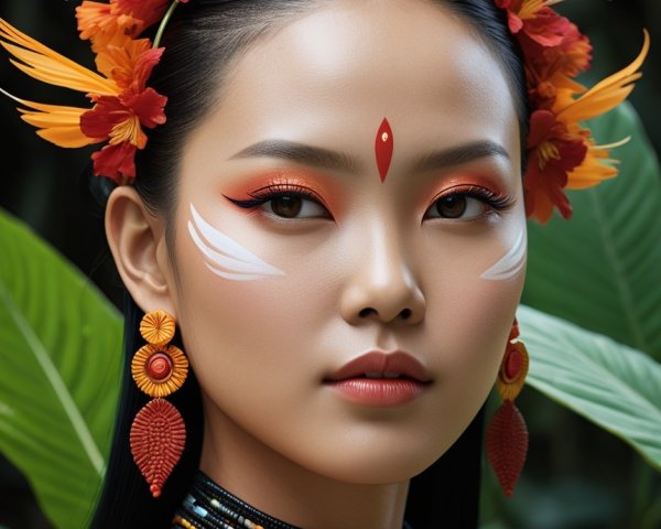 Portrait of a Young Woman with Tropical Makeup and Accessories