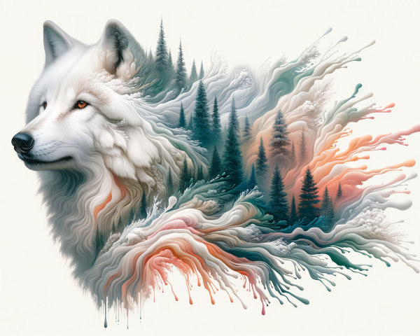 Artistic Representation of a Wolf's Head with Nature Elements