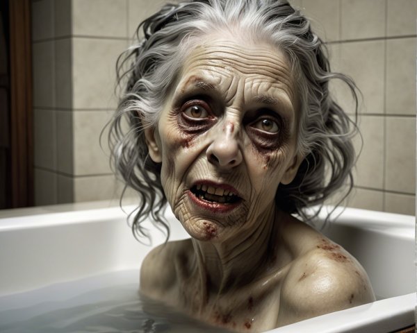 Eerie figure in dim bathroom with murky tub water