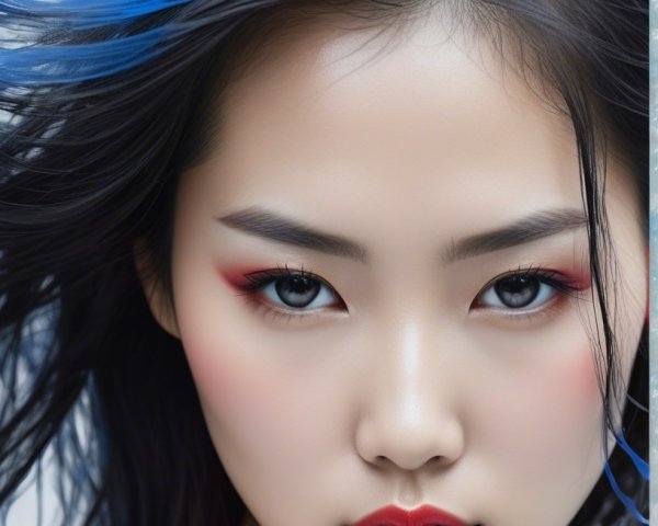 Close-Up of Young Woman with Blue Streaks and Red Accents