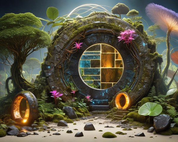 Mystical Portal in Lush Greenery and Vibrant Plants