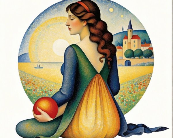 Serene Woman with Orange in Sunlit Landscape