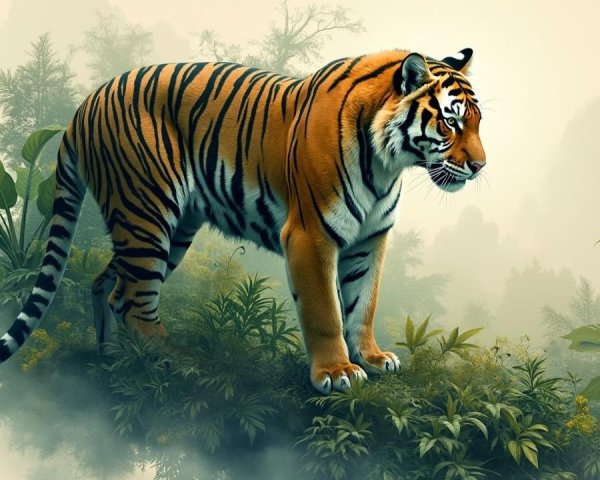 Majestic tiger in a vibrant green landscape