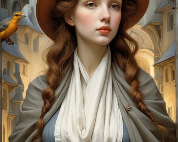 Young woman in historical dress with elegant backdrop