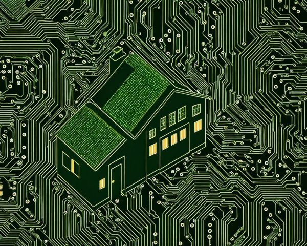 Stylized House with Circuit Board Background Design