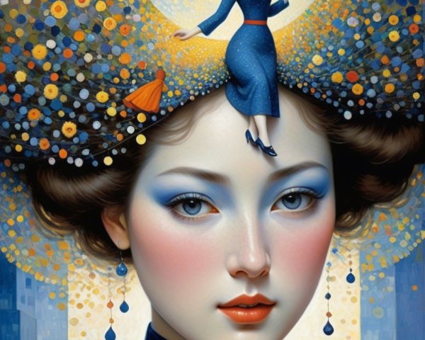 Portrait of a Woman with Flowers and Surreal Elements
