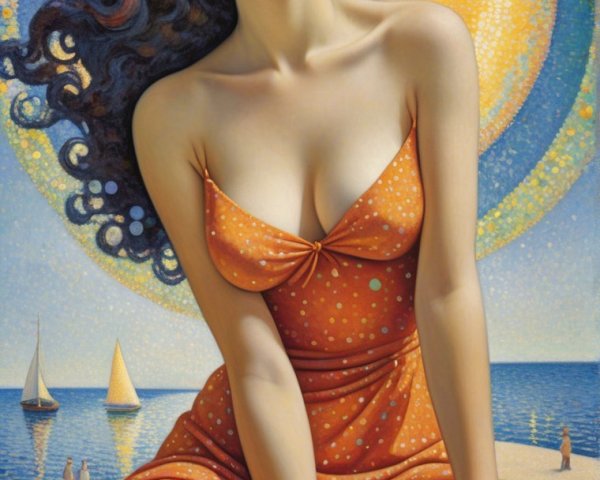 Young Woman in Orange Dress at Serene Beach Scene