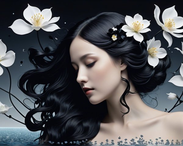 Serene Portrait of a Woman with Black Hair and Flowers