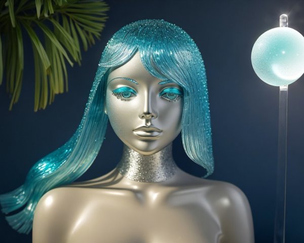 Sleek mannequin with silver skin and turquoise hair