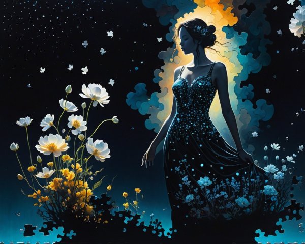 Silhouette of Woman in Black Dress Among Vibrant Flowers