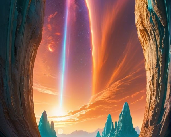 Futuristic landscape with vibrant rock formations and galaxies