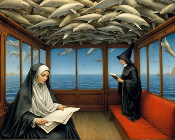 Serene Train Compartment with Surreal Ocean View