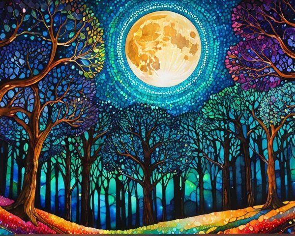 Vibrant Mystical Forest Scene Under Radiant Moon