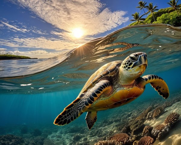Majestic sea turtle in vibrant coral reef scene