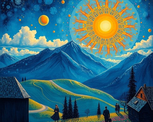 Vibrant landscape with hills, flowers, and mountains