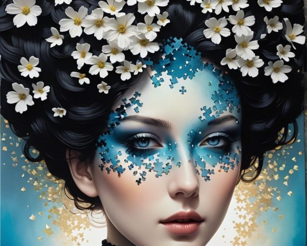 Portrait of a Woman with Floral Headdress and Blue Design