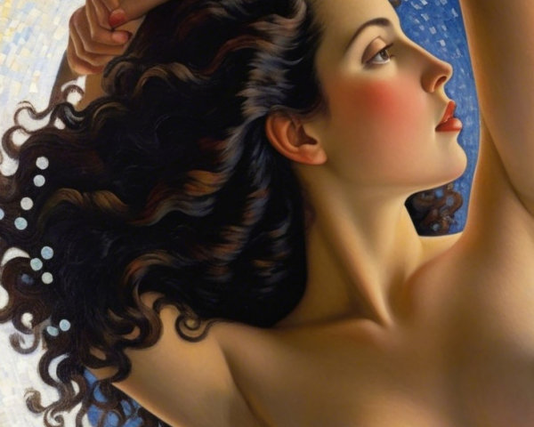Side Profile of a Woman with Dark Curls and Blue Tones