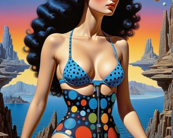 Surreal Landscape with Figure in Vibrant Swimsuit