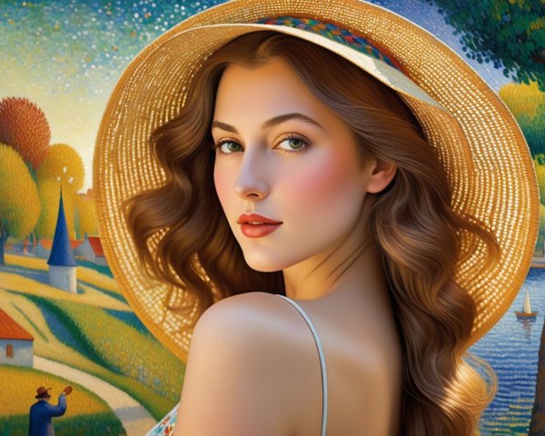 Young woman in straw hat against vibrant landscape