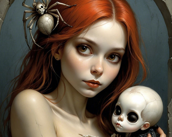 Portrait of a girl with red hair and skeletal doll