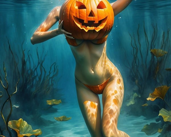 Woman with red hair underwater with carved pumpkin