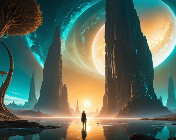 Surreal Landscape with Rock Formations and Celestial Bodies