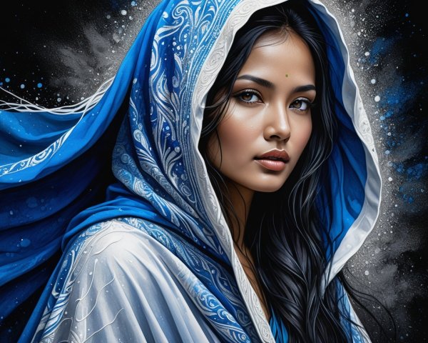 Young Woman in Blue and White Shawl with Abstract Background