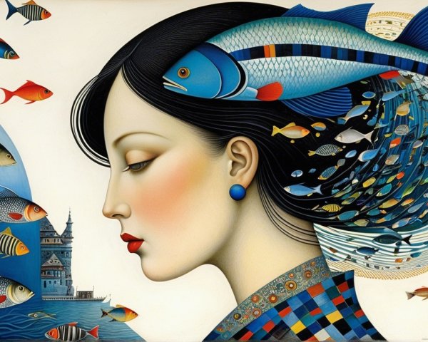 Stylized Woman's Profile with Underwater Scene Elements