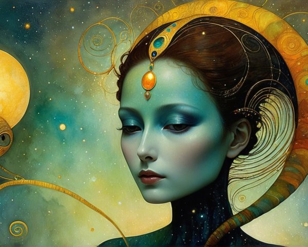 Ethereal Woman with Blue Skin and Cosmic Elements