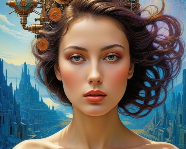 Portrait of a Woman in Surreal Mechanical Landscape