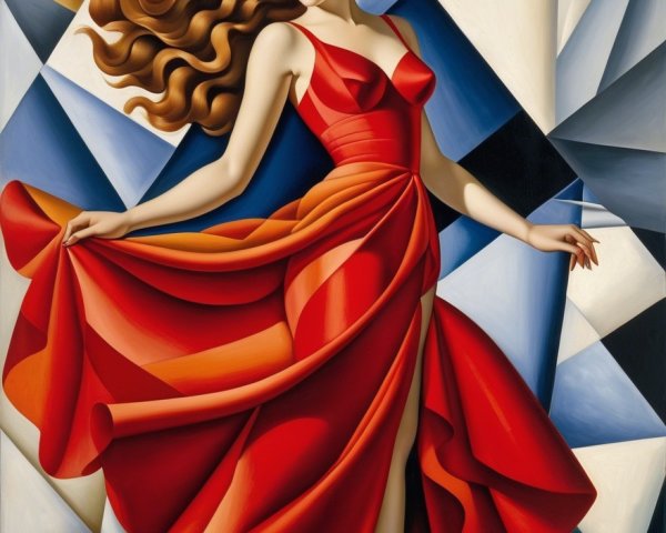 Elegant Woman in Red Dress with Geometric Background