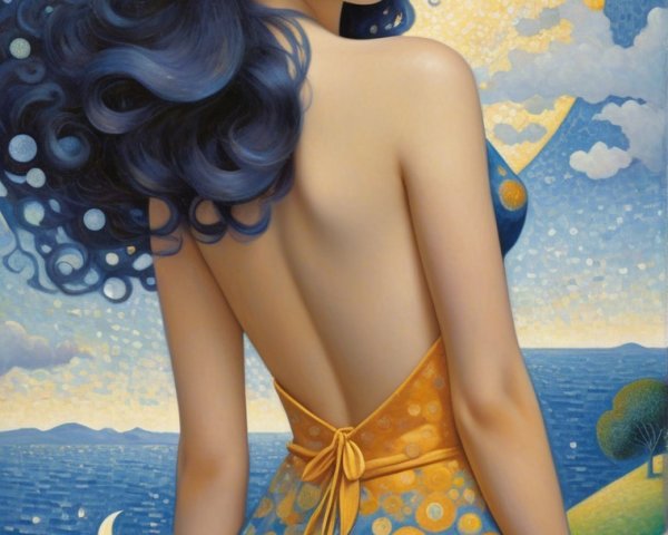 Woman with Blue Hair in Vibrant Dress Against Landscape