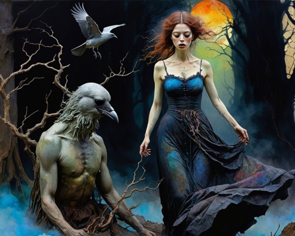 Mystical Forest Scene with Woman and Bird-Head Figure