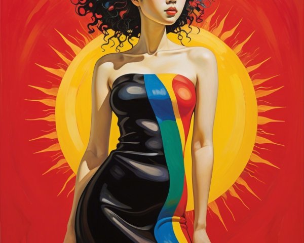 Woman in Black Dress with Colorful Stripes and Sun