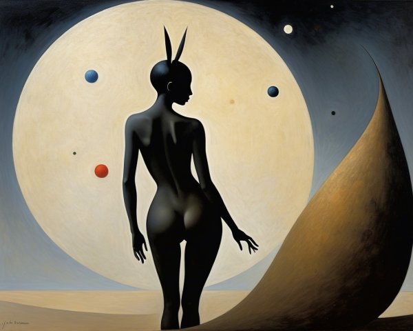 Silhouetted Figure with Rabbit Ears Against Moonlit Sky