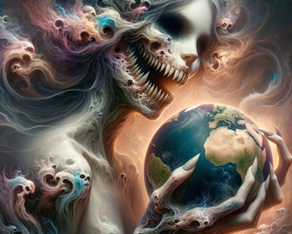 Surreal Figure with Smoky Hair in Cosmic Background