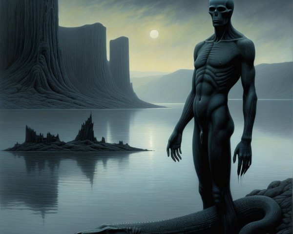 Surreal Landscape with Humanoid Figure and Serpent Creature