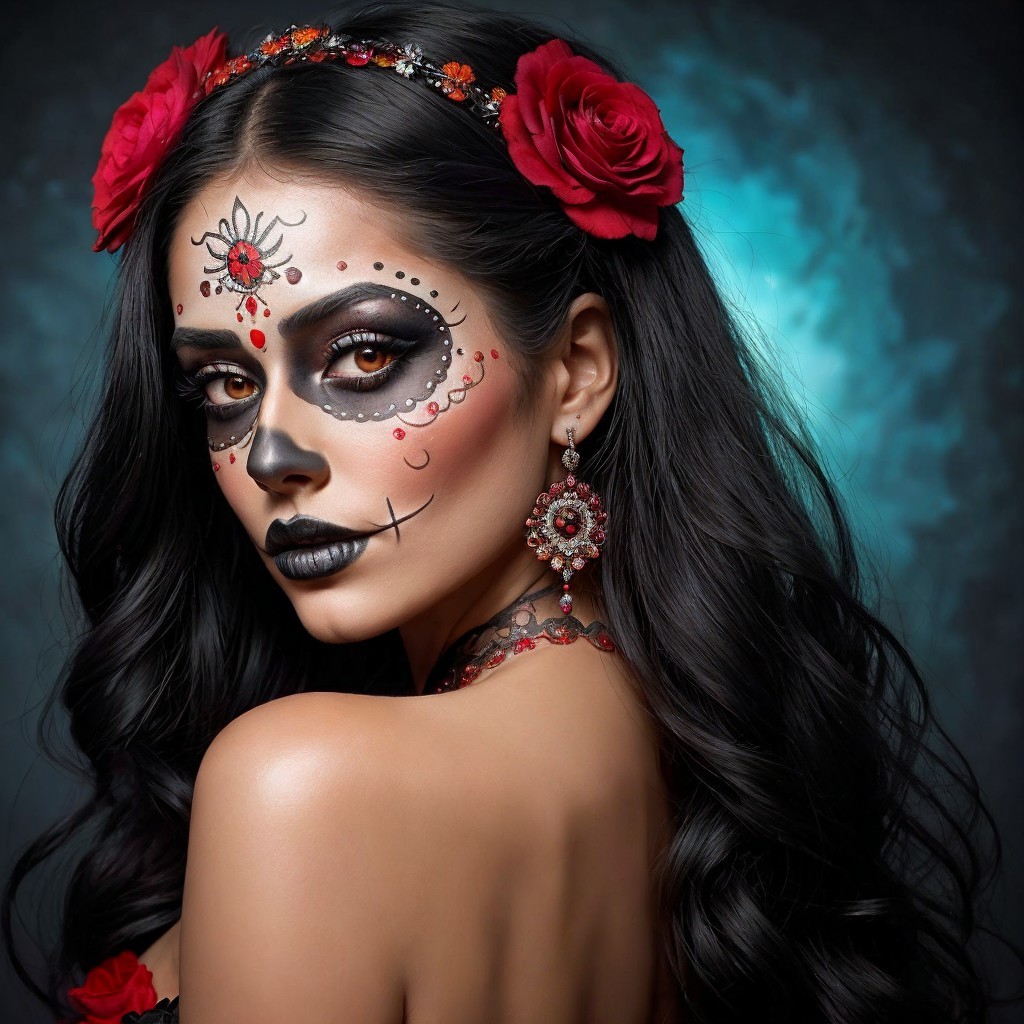 Woman with Sugar Skull Makeup and Red Roses
