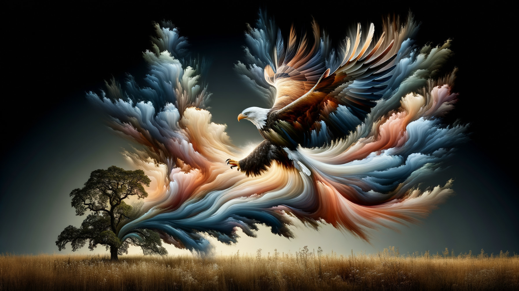 Eagle Soaring in Abstract Colorful Landscape