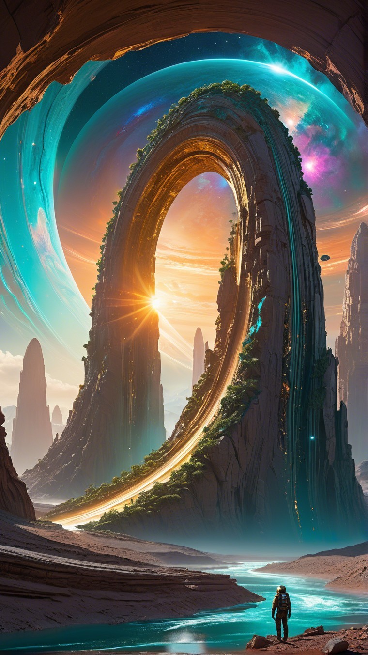 Otherworldly Landscape with Cosmic Arch and Figure