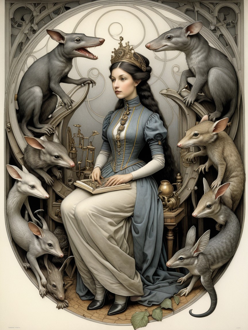 Regal Woman in Blue Gown Surrounded by Mice