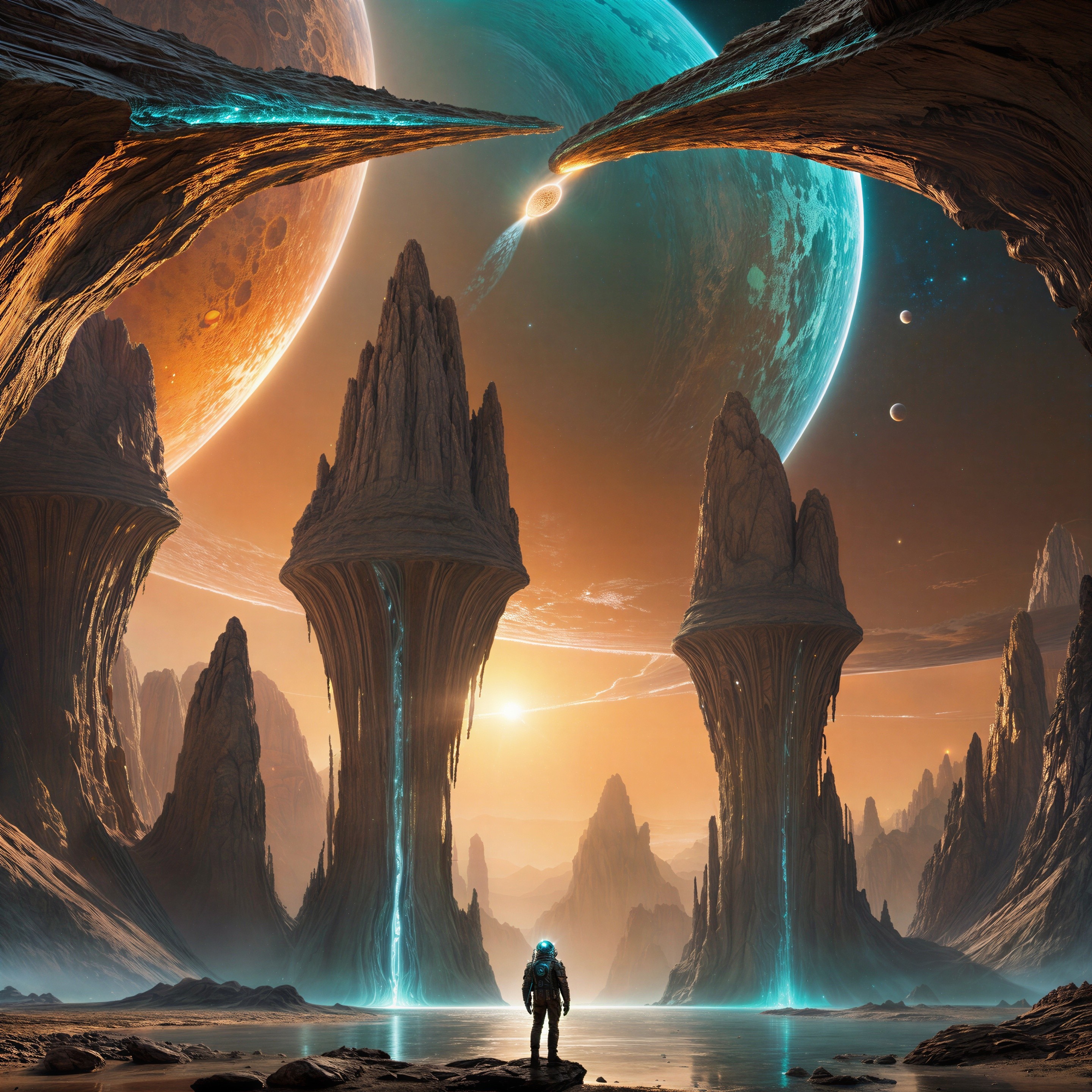 Alien Landscape with Towering Rocks and Tranquil Lake