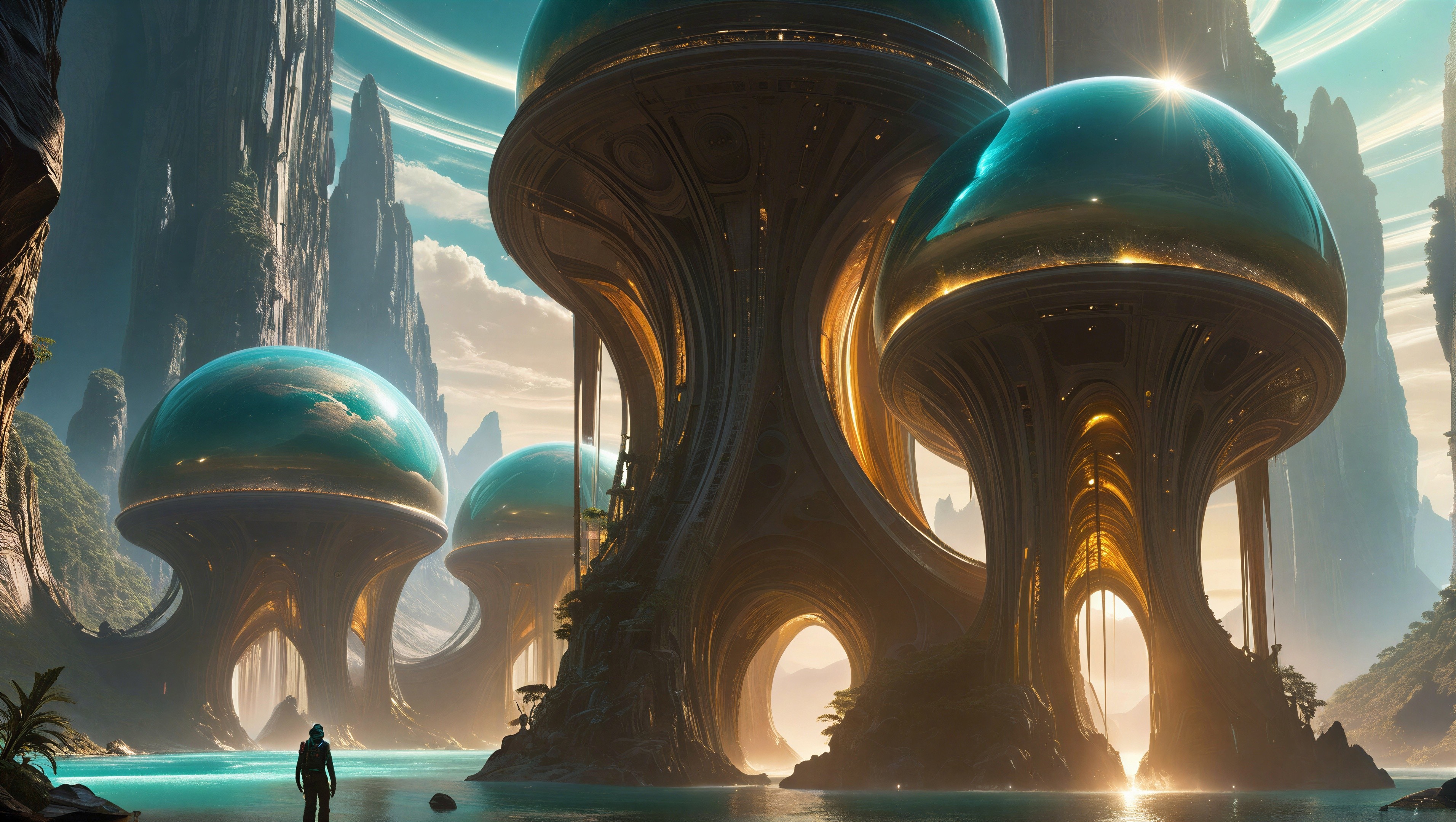 Futuristic landscape with mushroom-shaped structures and water