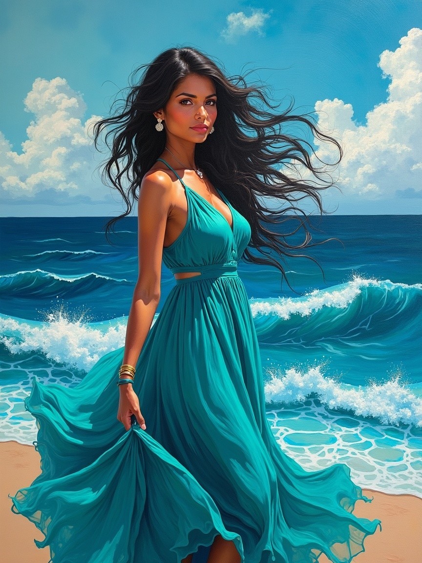 Woman in teal dress on serene sandy beach